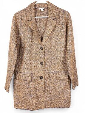 J. Jill Womens XS Tweed Textured Sweater Jacket Blazer Gold Navy Knit Coat